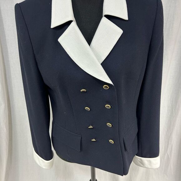 Kasper size 10P Blue and White Blazer with Tailored Cut jacket gold buttons - Picture 1 of 7